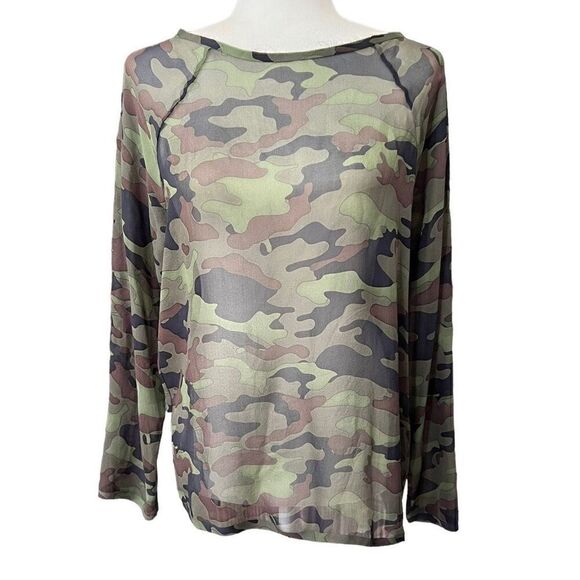 Nili Lotan** Green & Brown XSmall Camouflage Silk Long-Sleeve T-Shirt - Picture 1 of 12